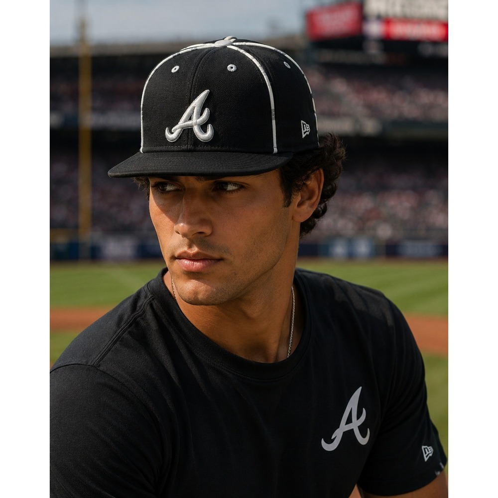 New Era 59FIFTY Atlanta Braves Fitted Hat Black Silver Piping Size 7 1/8 MLB Cap